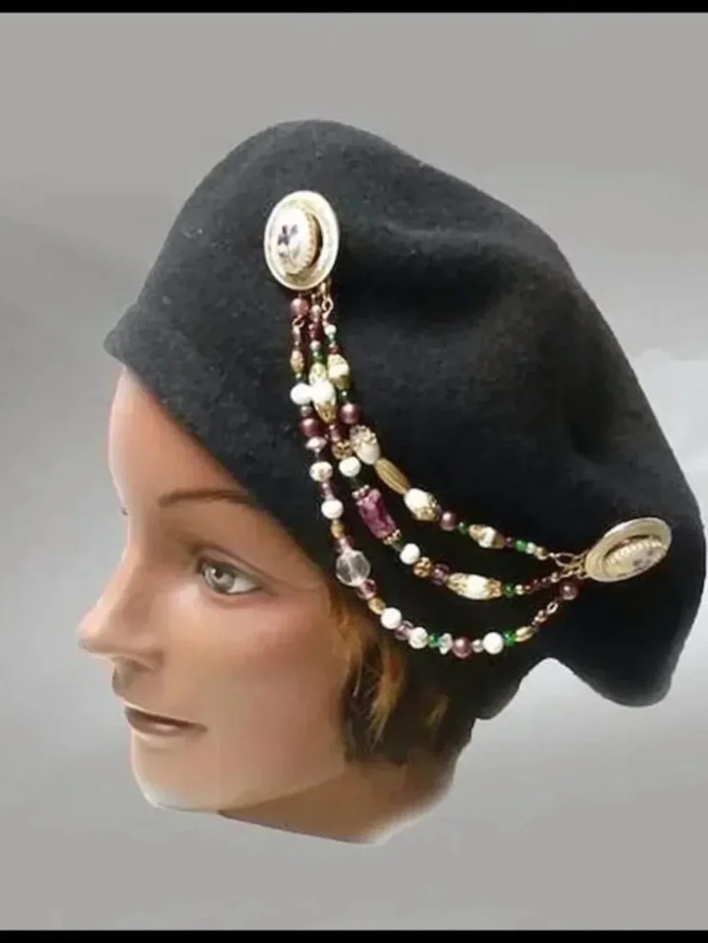 90s Collar Chain Brooch,Beret Chatelaine Pin, Collar Catch - Quirky Academia